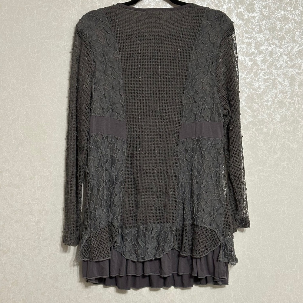 Indigo Soul Mixed Media Floral Lace Mesh Ruffle Hem Tunic Top Gray L - Picture 2 of 7